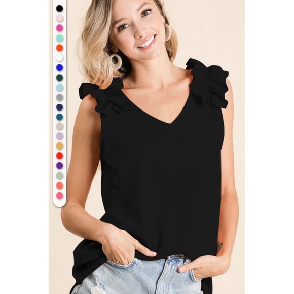 Black Crepe Knit V Neck Top With Ruffle Shoulder - Picture 2 of 4